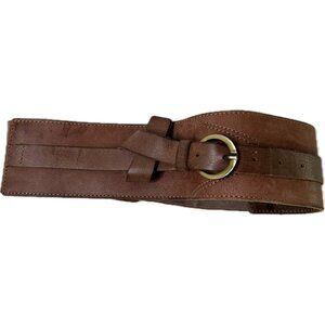 Elastic Waist Belt with Leather Front and Brass Buckle Vintage S Brown